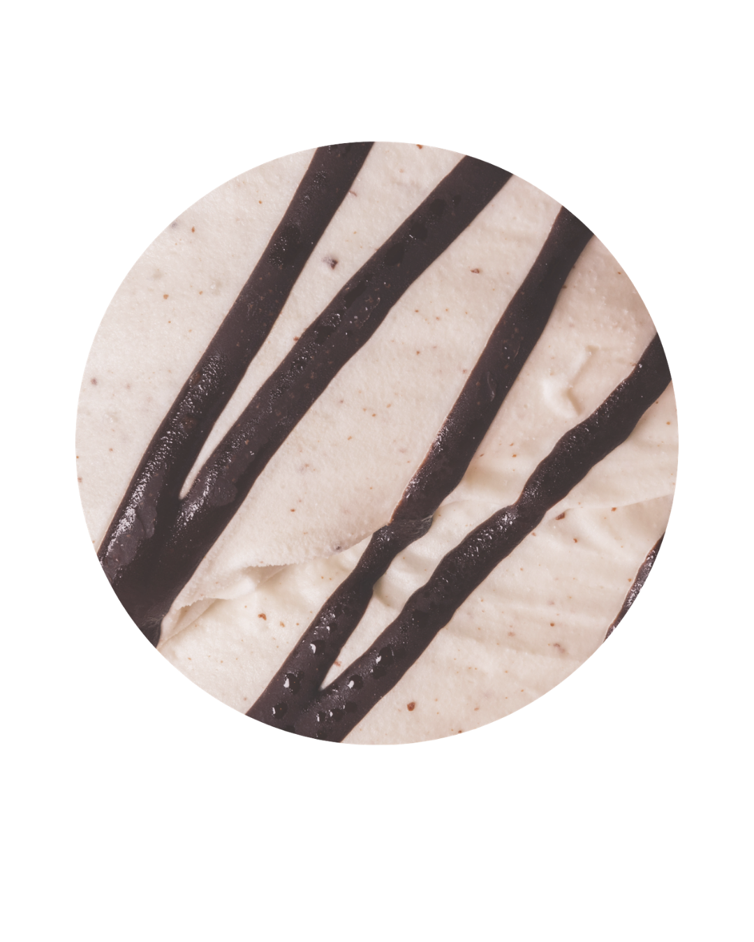 Close-up of a vanilla ice cream with chocolate drizzle.
