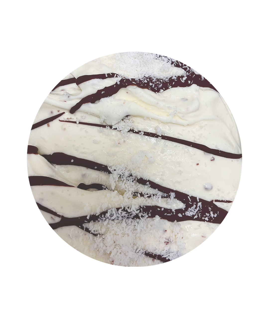 Close-up of a dessert topped with white cream, chocolate drizzle, and shredded coconut.