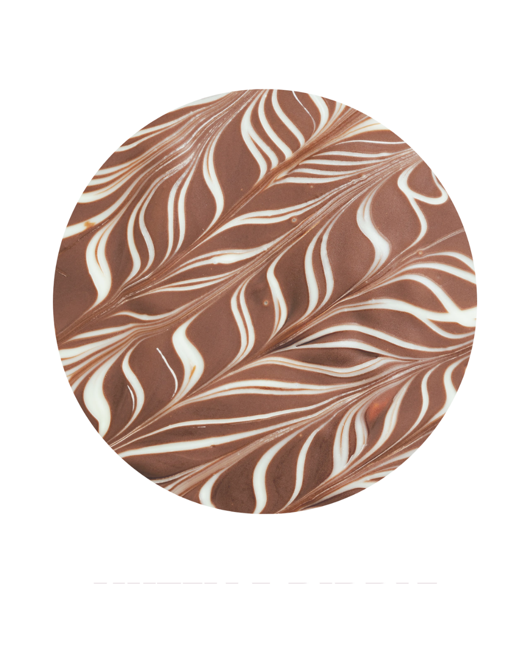 Close-up of a round chocolate and white marbled dessert, with swirling patterns.