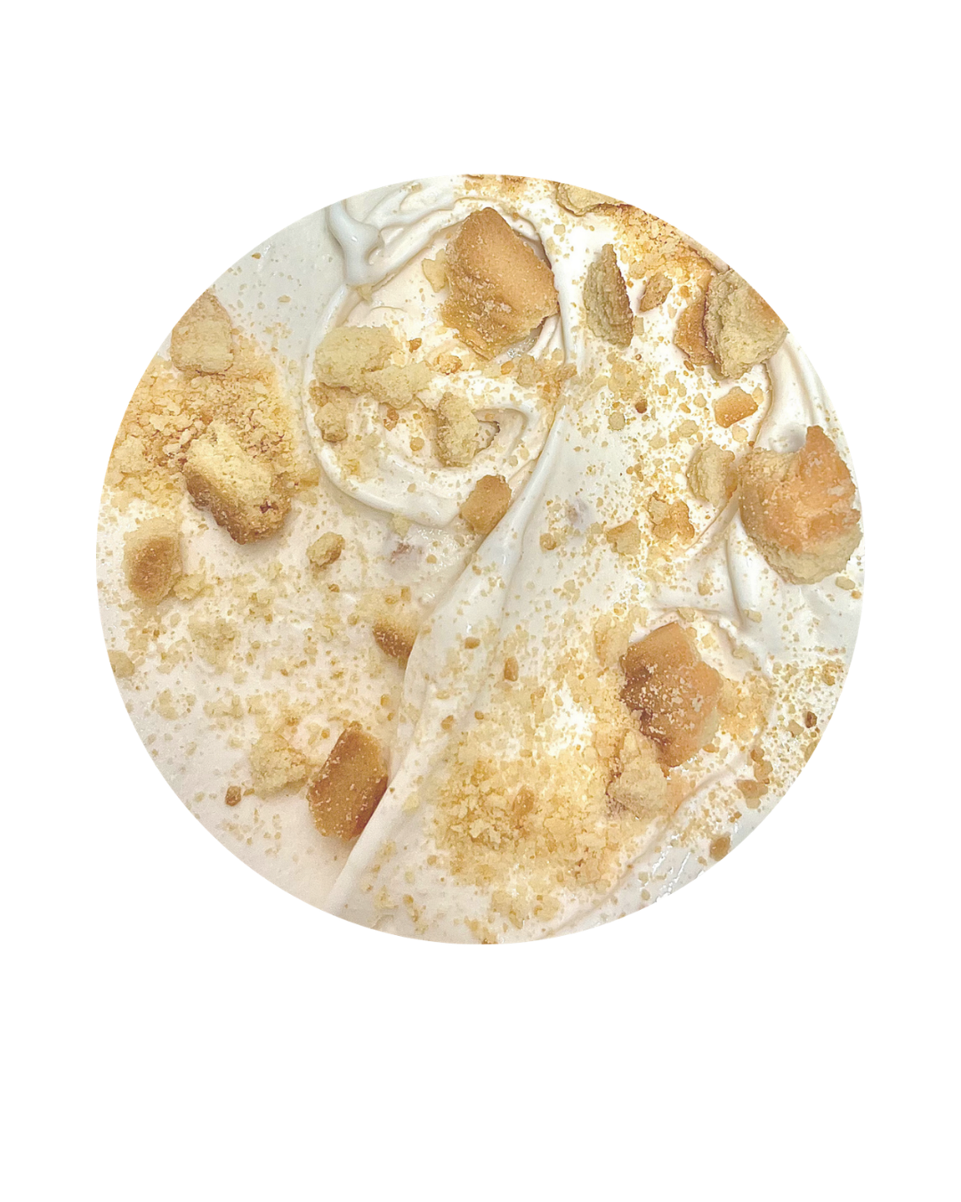 A round ice cream topped with cookie crumbs and pieces of caramel or similar candy.