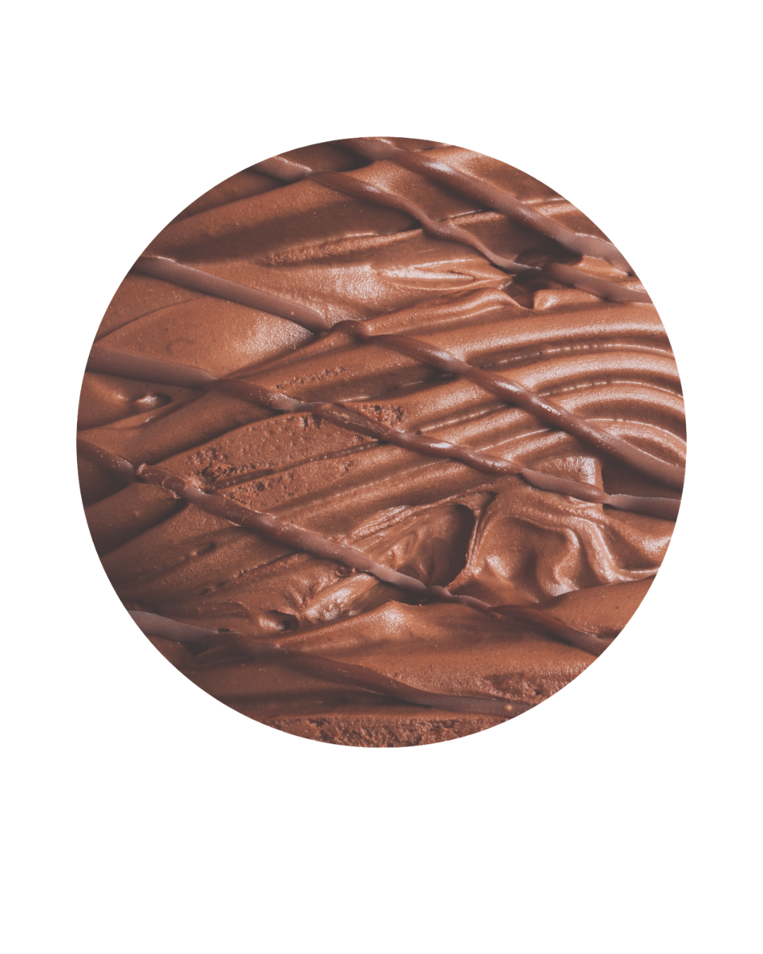 Close-up of a chocolate dessert with smooth, swirled chocolate frosting and decorative drizzle.