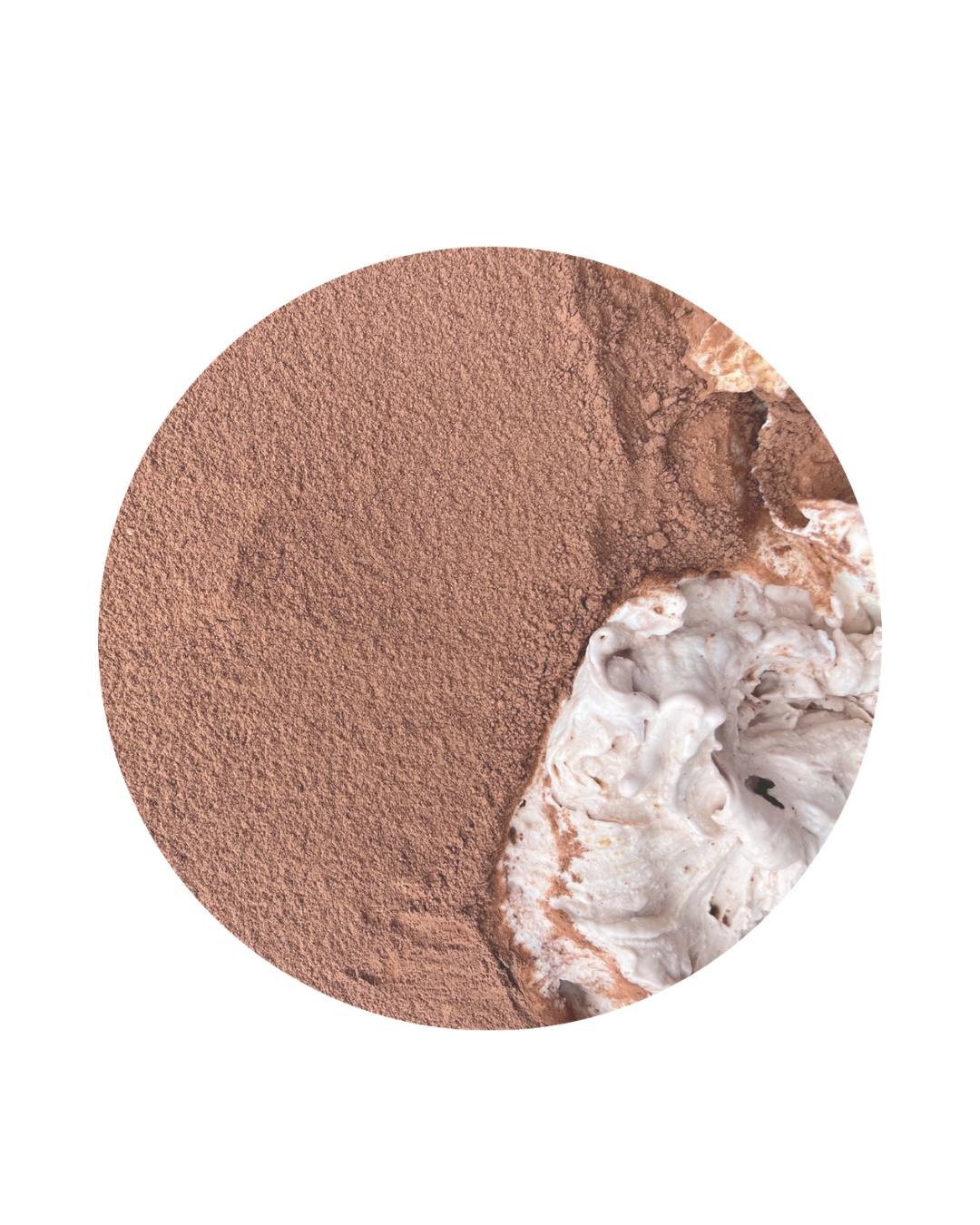 Close-up of a chocolate dessert with a dusting of cocoa powder and a dollop of whipped cream.