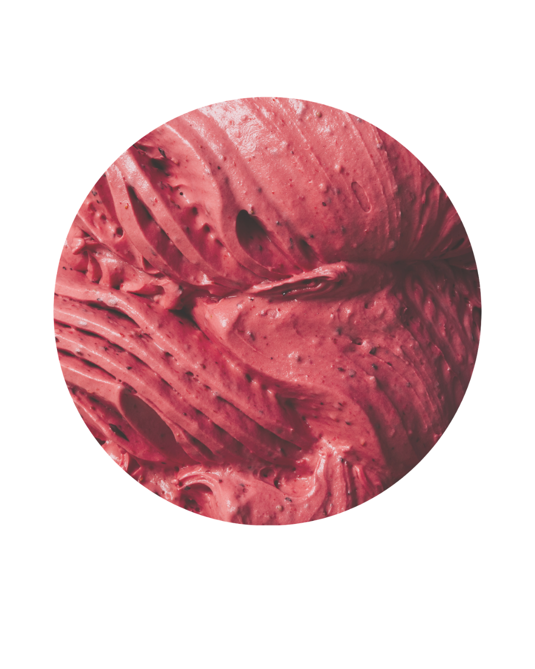 Close-up of a pink, textured ice cream swirl with visible specks, possibly berry-flavored.