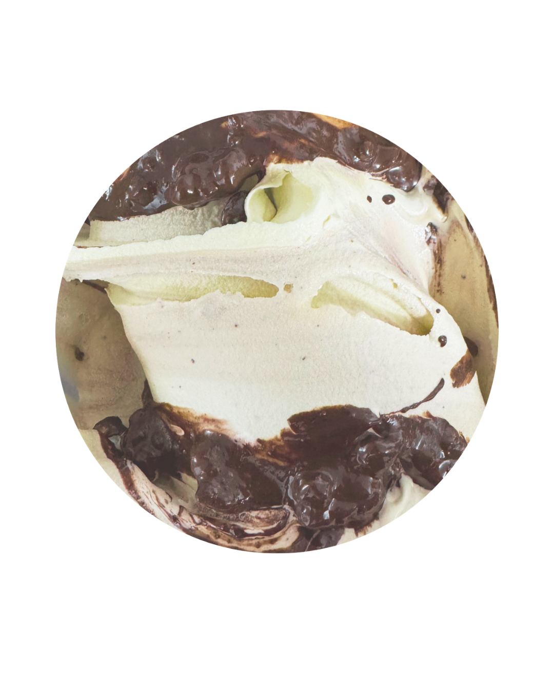 Close-up of a scoop of vanilla ice cream with chocolate chunks and swirls