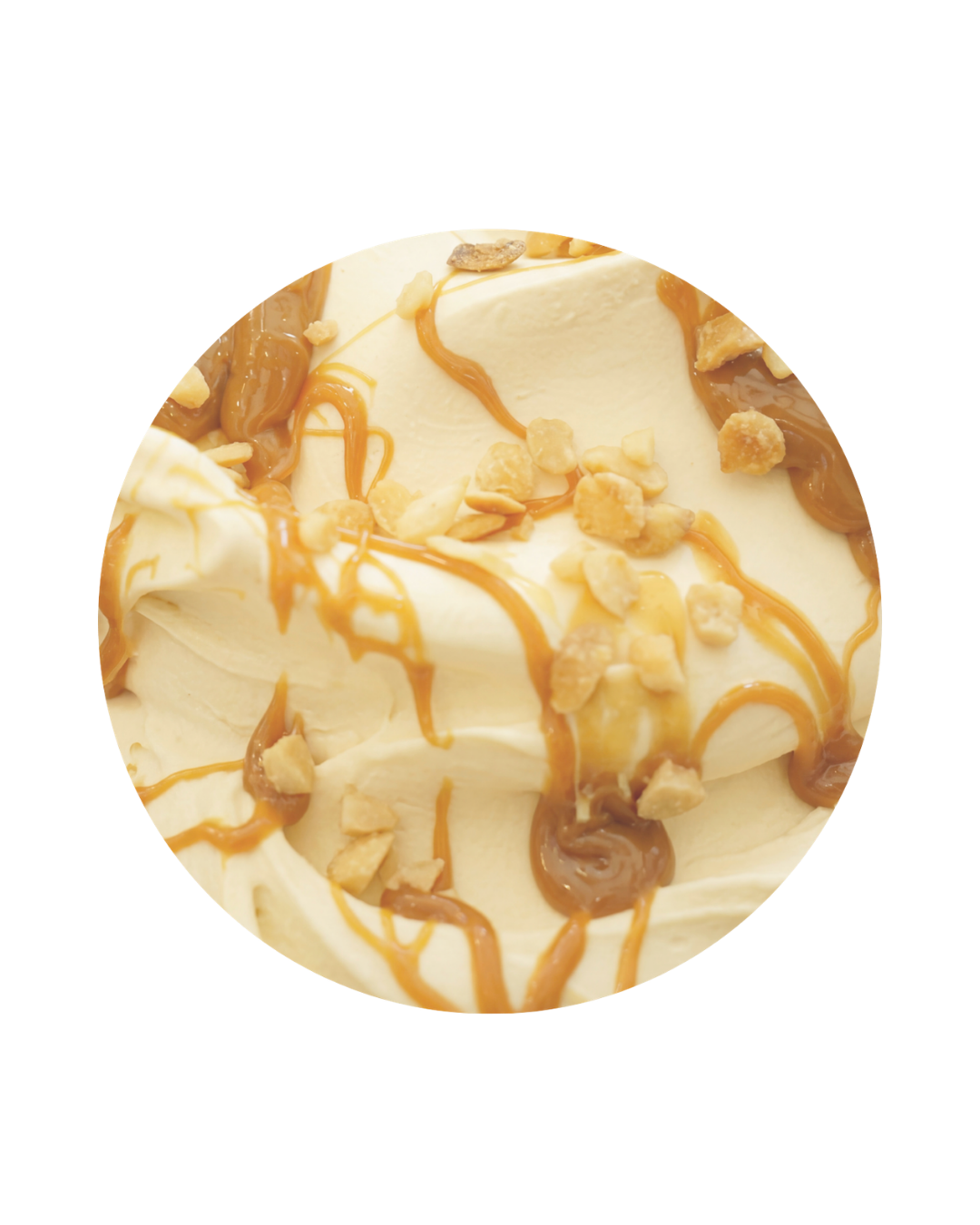 Vanilla ice cream scoop drizzled with caramel sauce and sprinkled with crushed nuts.