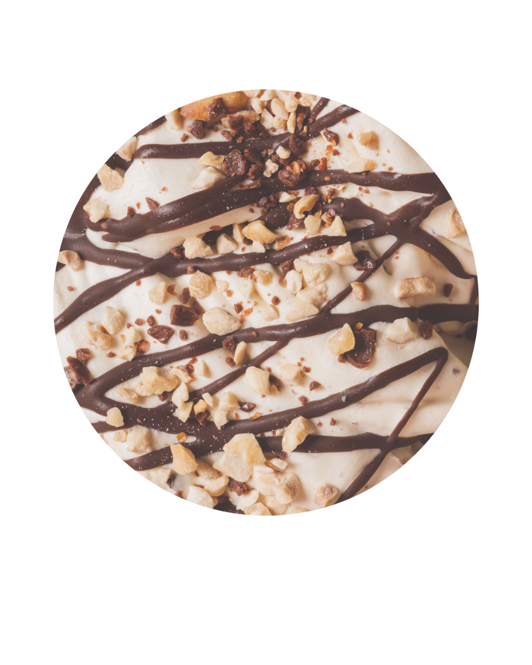 Close-up of ice cream with chocolate drizzle and chopped nuts
