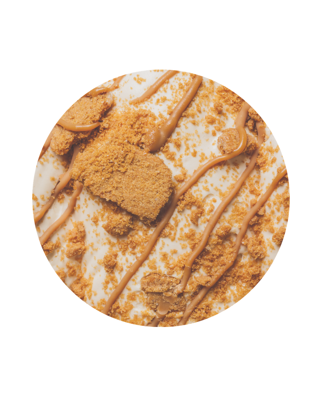 Close-up of a dessert with white frosting, caramel drizzle, crumbled graham crackers, and a biscuit on top.