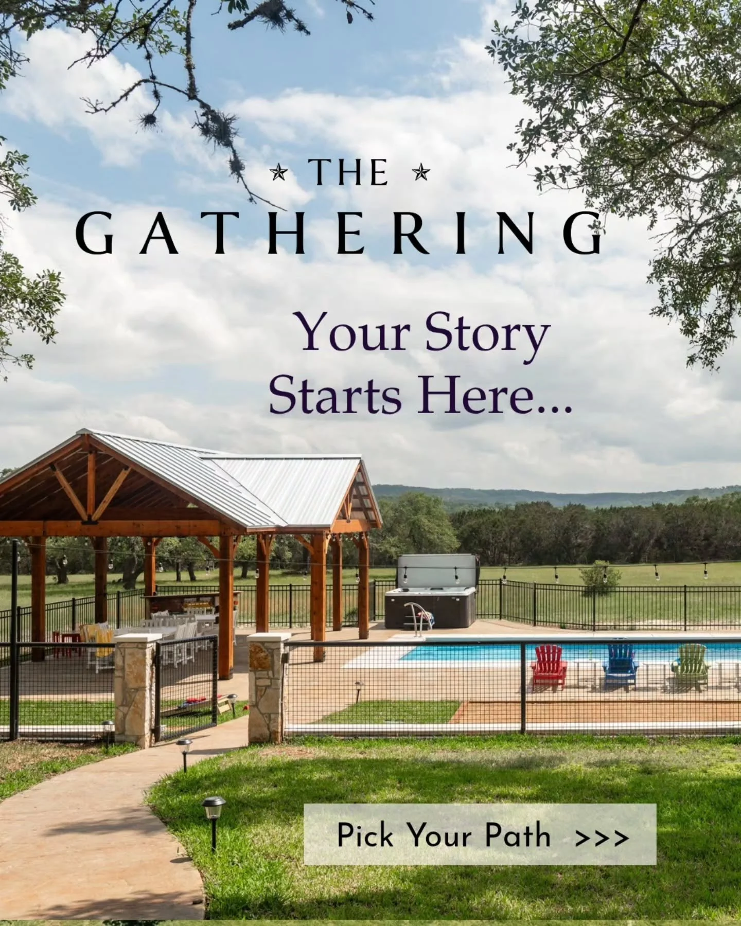 Your story starts here&hellip; ✨
Where you stay shapes what you remember &mdash; and at The Gathering, every path leads to connection.

Choose the space that fits your people:
A cozy cottage retreat, the spacious main house, or the whole 12 acres all