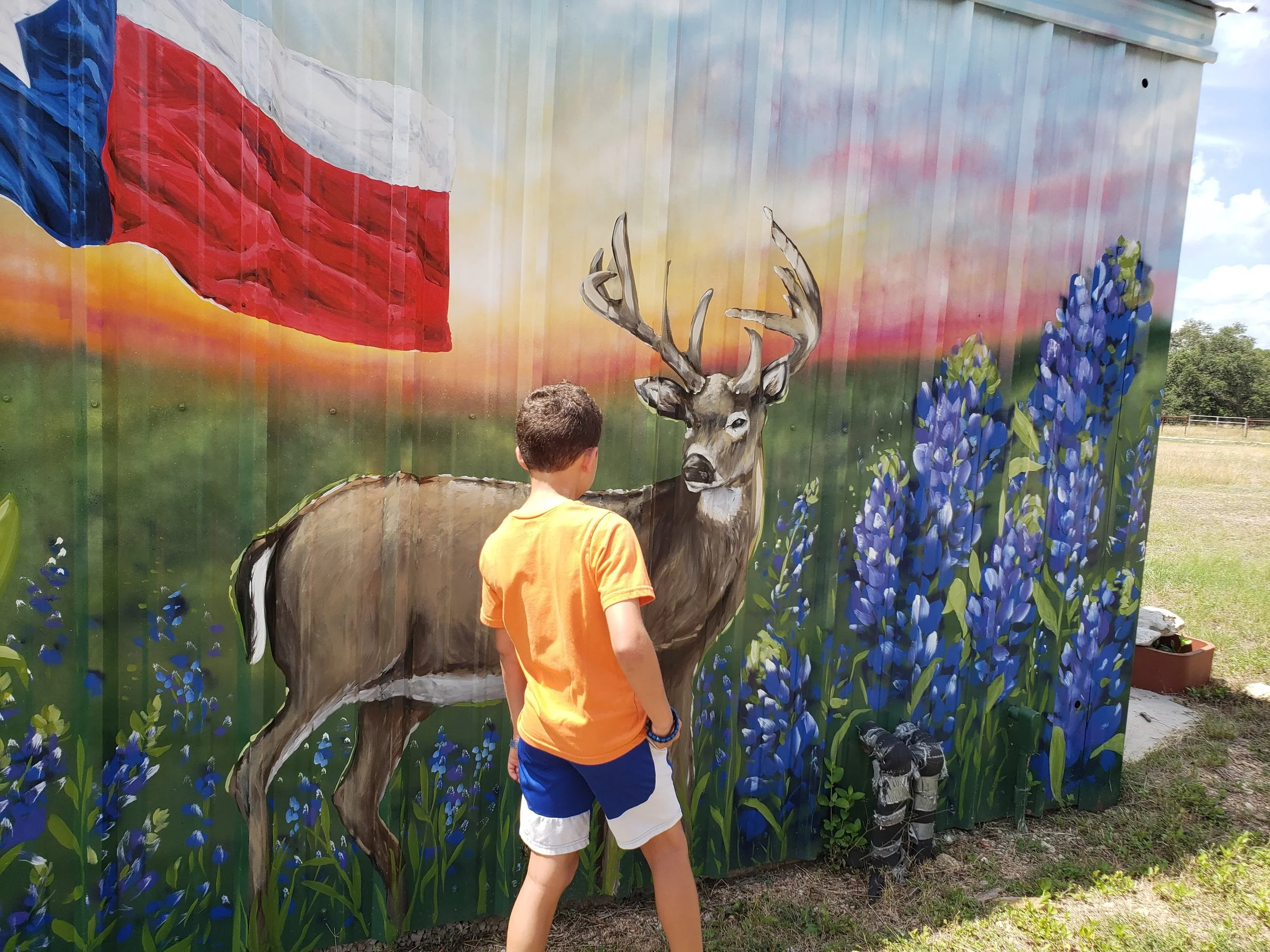 A young boy in an orange shirt and blue shorts stands in front of a colorful mural of a deer with large antlers, blue flowers, a Texas flag, and a sunset sky on a corrugated metal wall.