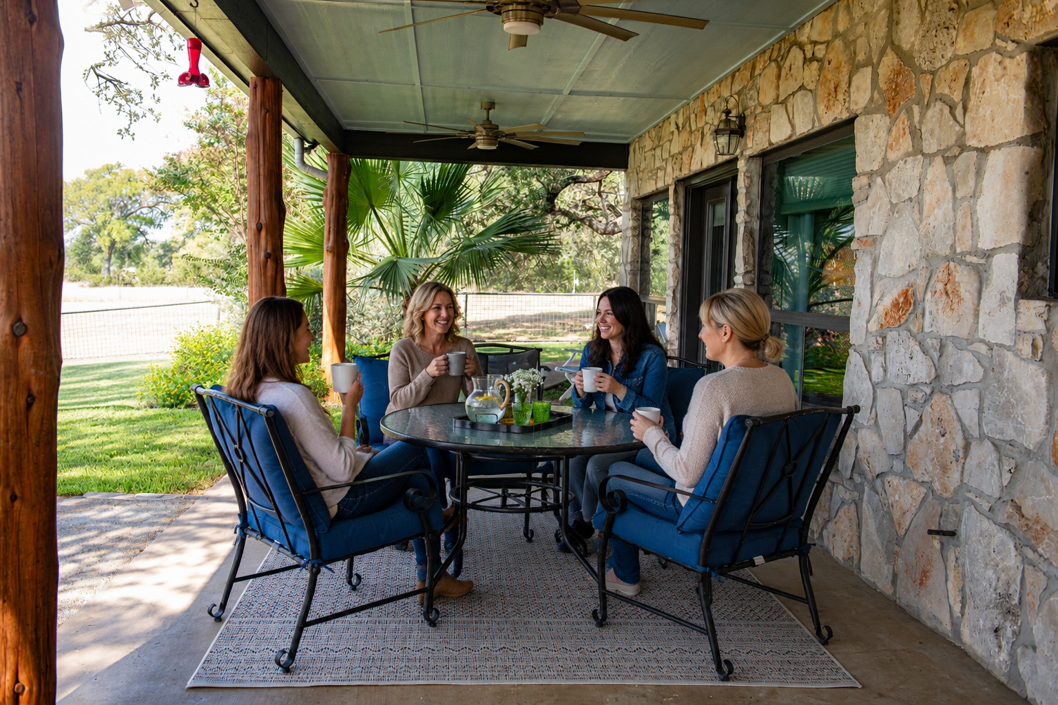 Friends relaxing together on a shaded porch at The Gathering.