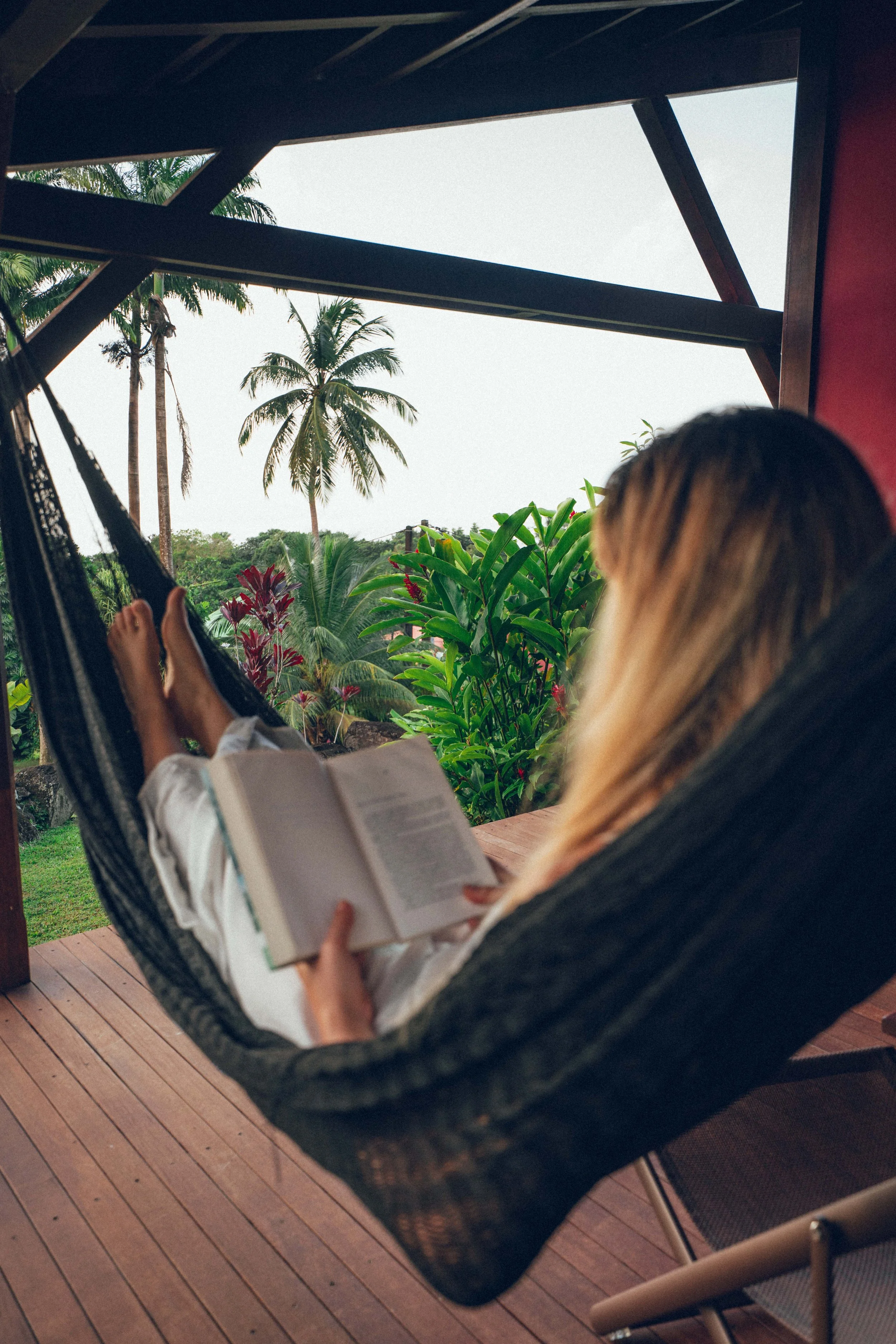 Personne allongée dans un hamac, lisant un livre, avec un paysage tropical en arrière-plan comprenant des palmiers et verdure luxuriante.