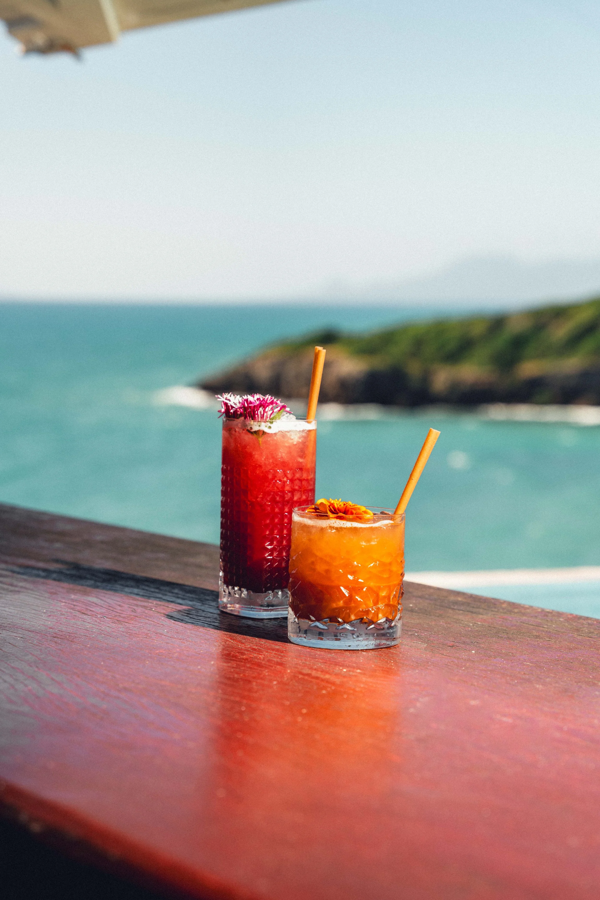 Deux cocktails colorés avec des fleurs en décoration, posés sur une table en bois avec vue sur la mer et des collines verdoyantes en arrière-plan.