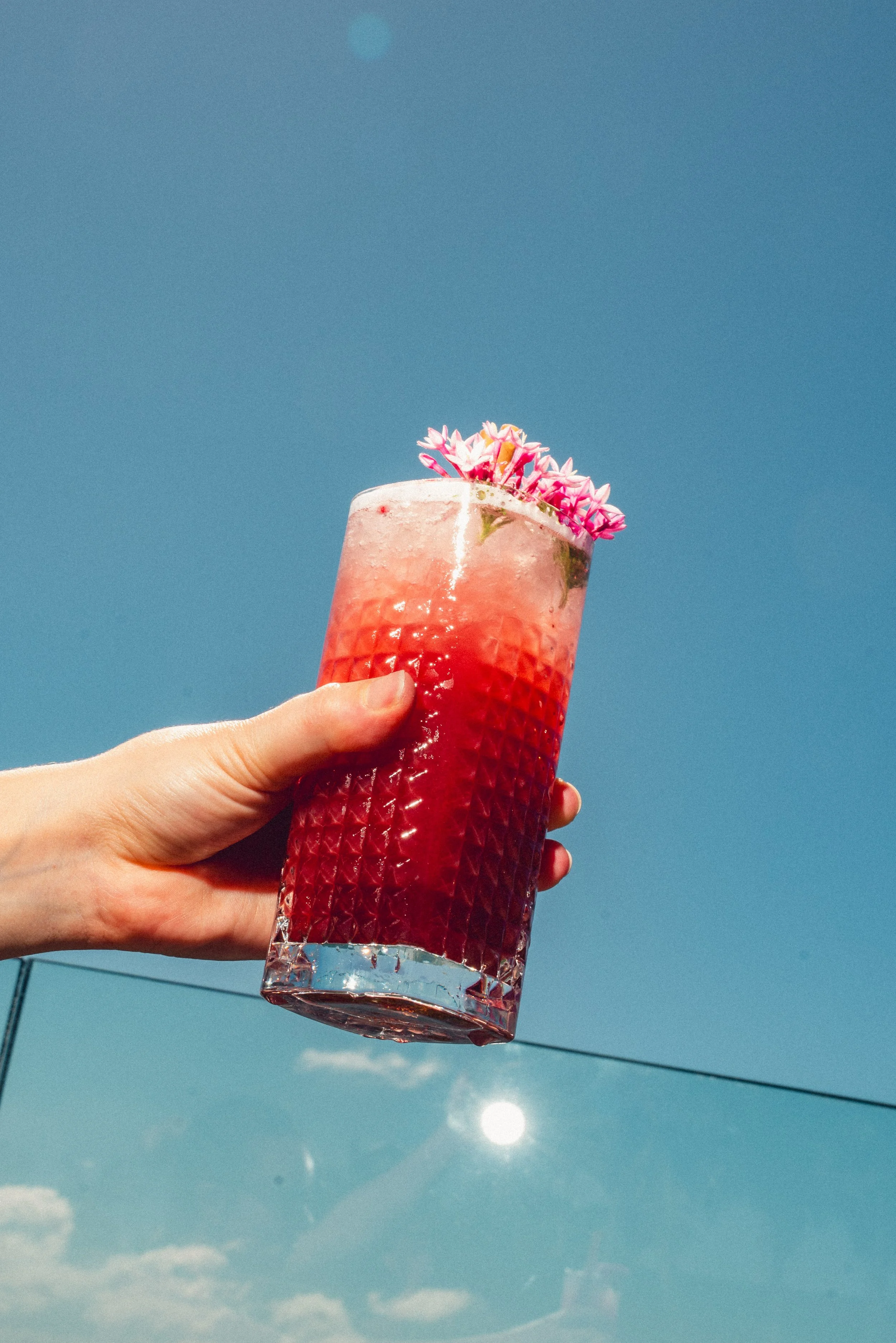 Une main tient un verre à cocktail rouge avec des fleurs roses en garniture, contre un ciel bleu clair.