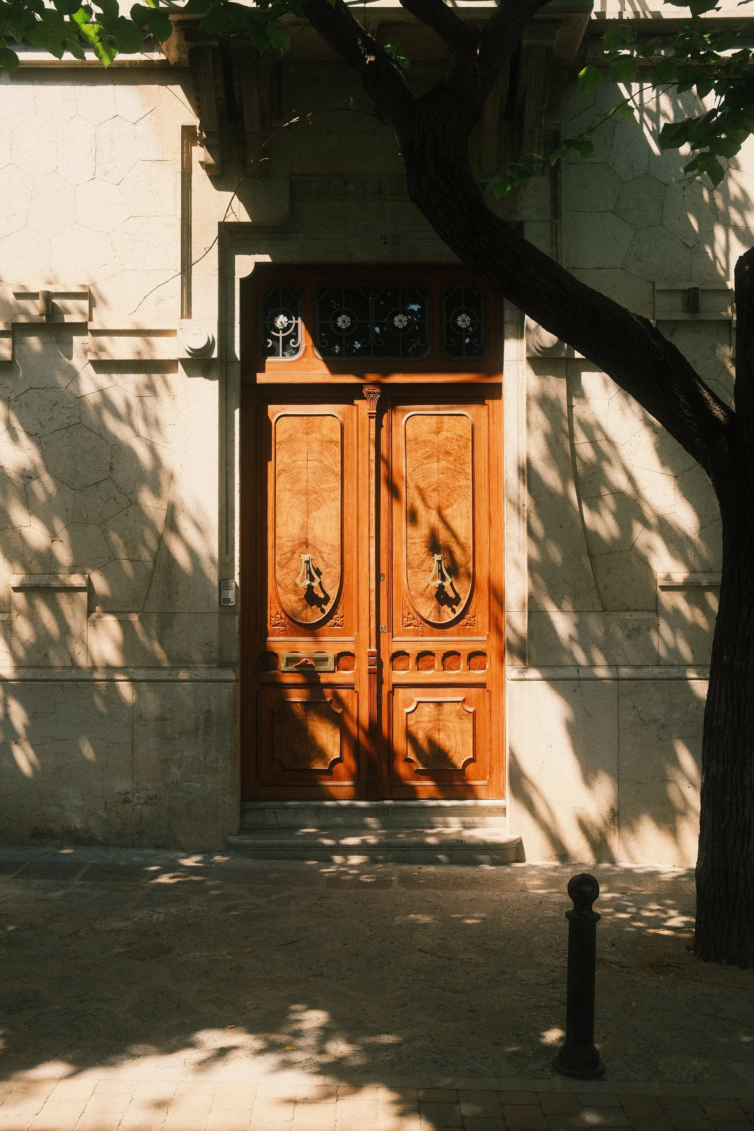 Une porte en bois ornée de détails en fer forgé, encadrée par un mur en pierre et entourée d'arbres avec des branches et des feuilles, créant des ombres sur le sol.