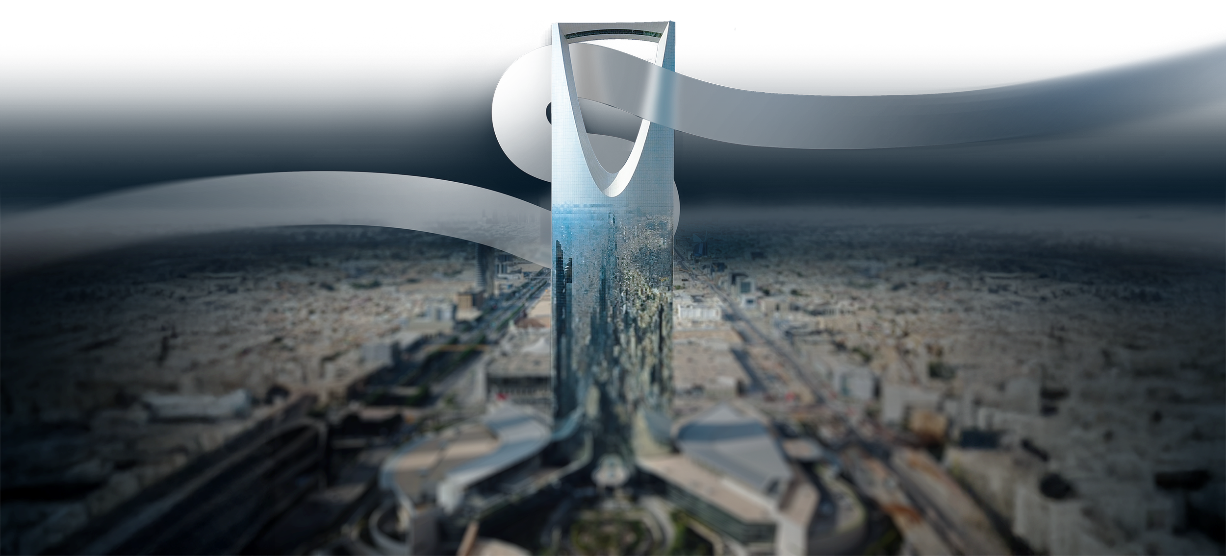 Futuristic skyscraper with a large, curved metal structure around a sphere on top, towering over a city skyline at night.