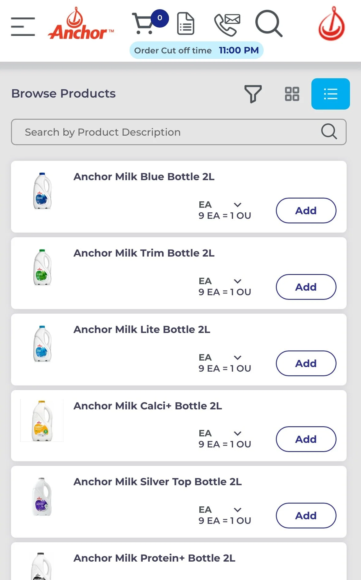 Screenshot of an online store page displaying various Anchor milk products, including bottles of milk in different varieties and sizes, with options to add them to the cart.
