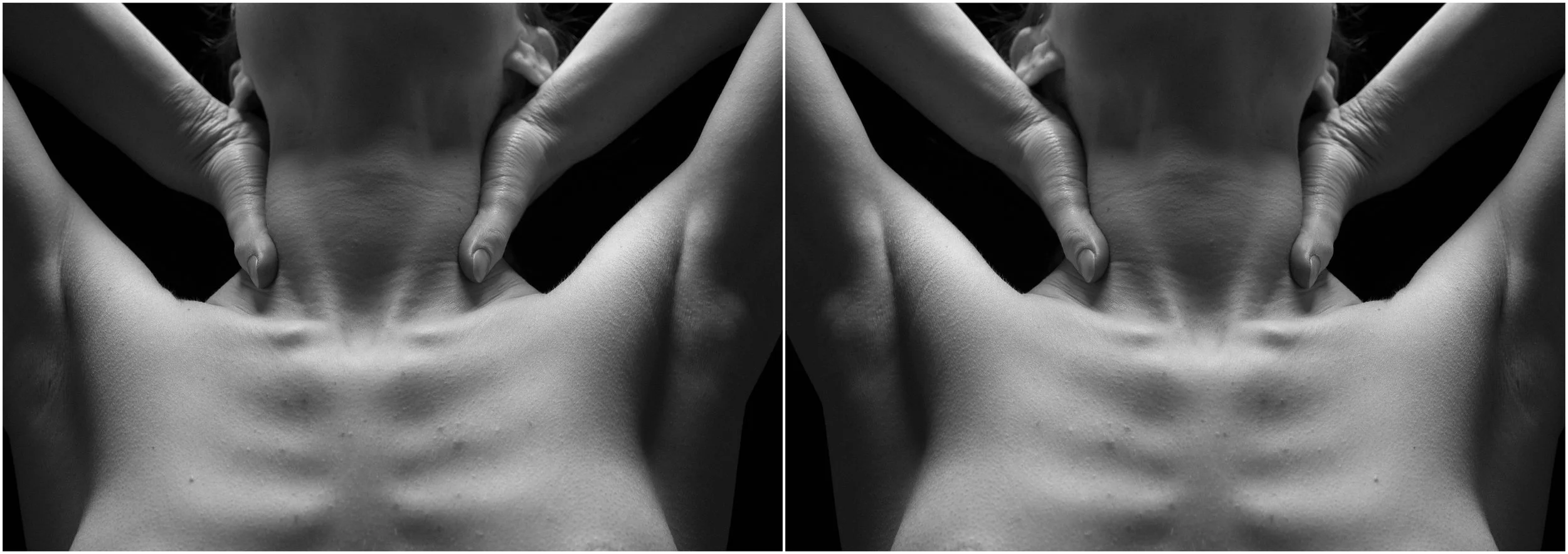 A black and white mirror-reflection photographic portrait of a young woman. A close-up. The clavicule, neck and the chest articulations showcased. Hands hold the neck. Very strong shadows and contrasts.