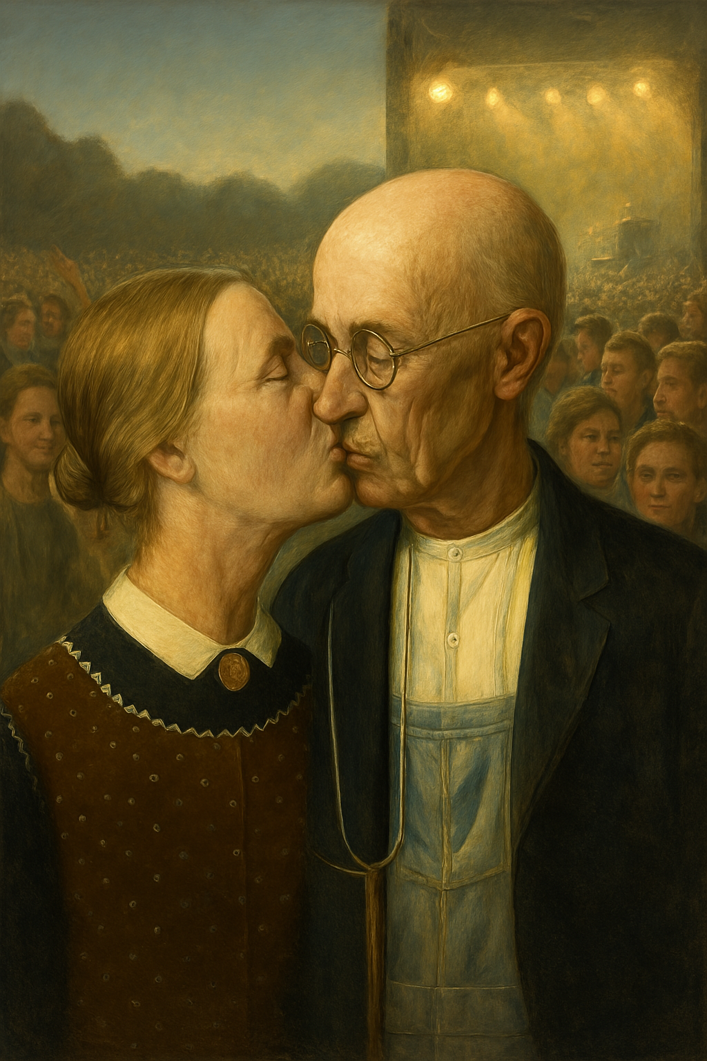 mala vida La revistaUna pintura que muestra a una mujer y a un hombre mayores en un acto de beso, con un grupo de personas en el fondo.