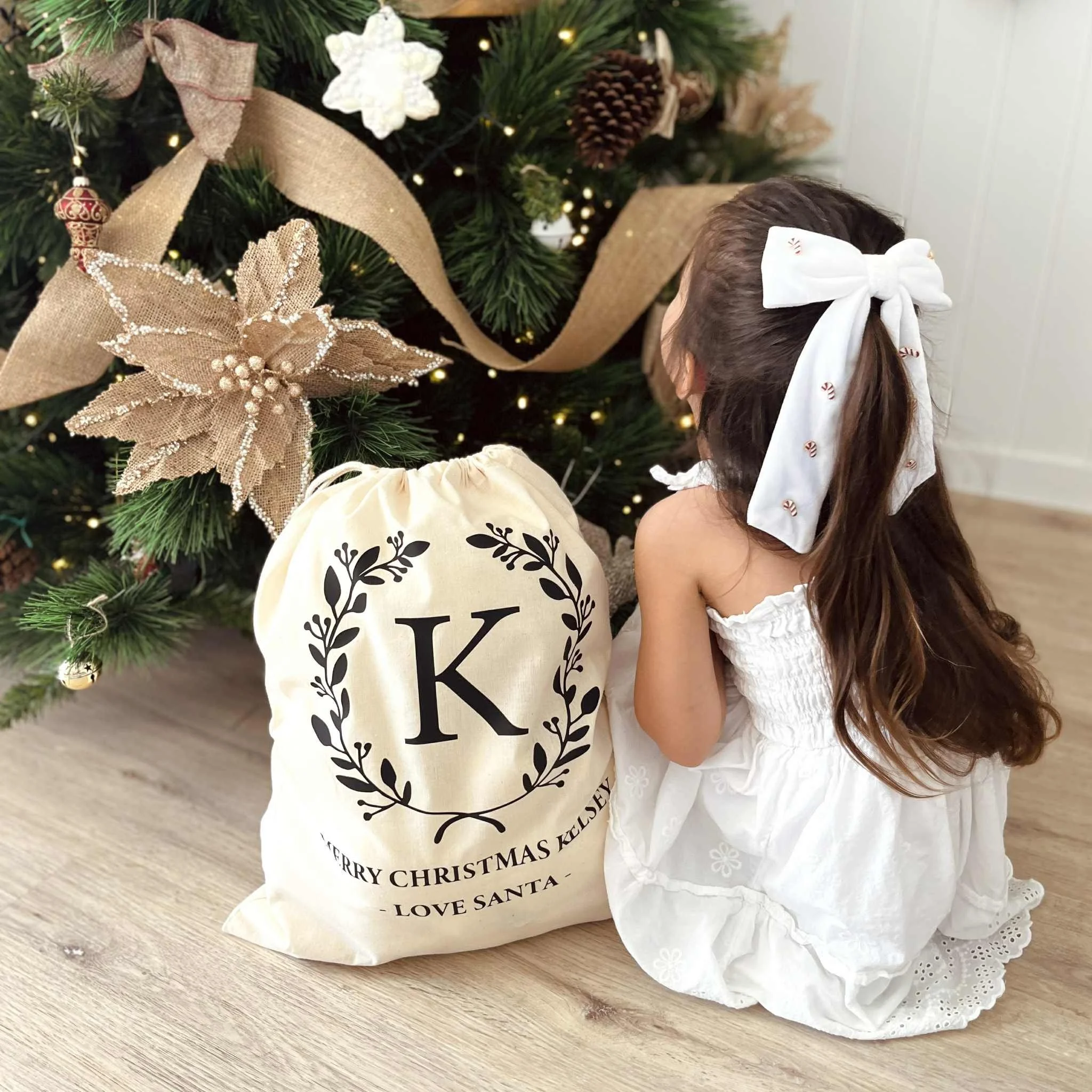 Christmas Initial Wreath Personalised Santa Sack - Calico