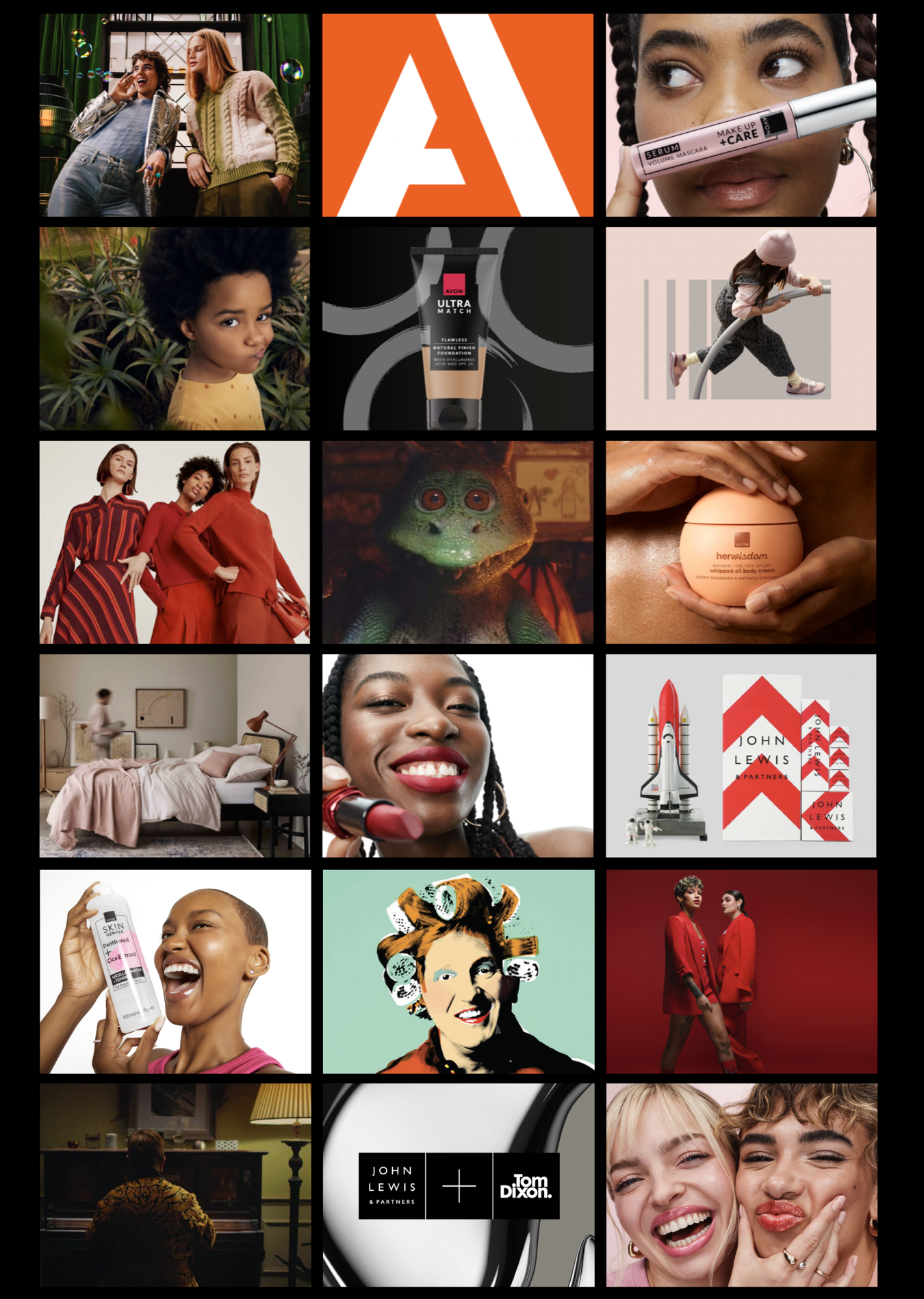 Collage of various images including two women smiling, a close-up of a woman holding a makeup product, a girl pushing a scooter, a woman in red fashion, a monkey, a person holding skincare product, a stylized face, two girls smiling and making faces, a person watching TV, a logo for John Lewis & Partners and Tom Dixon, and a group of friends smiling.