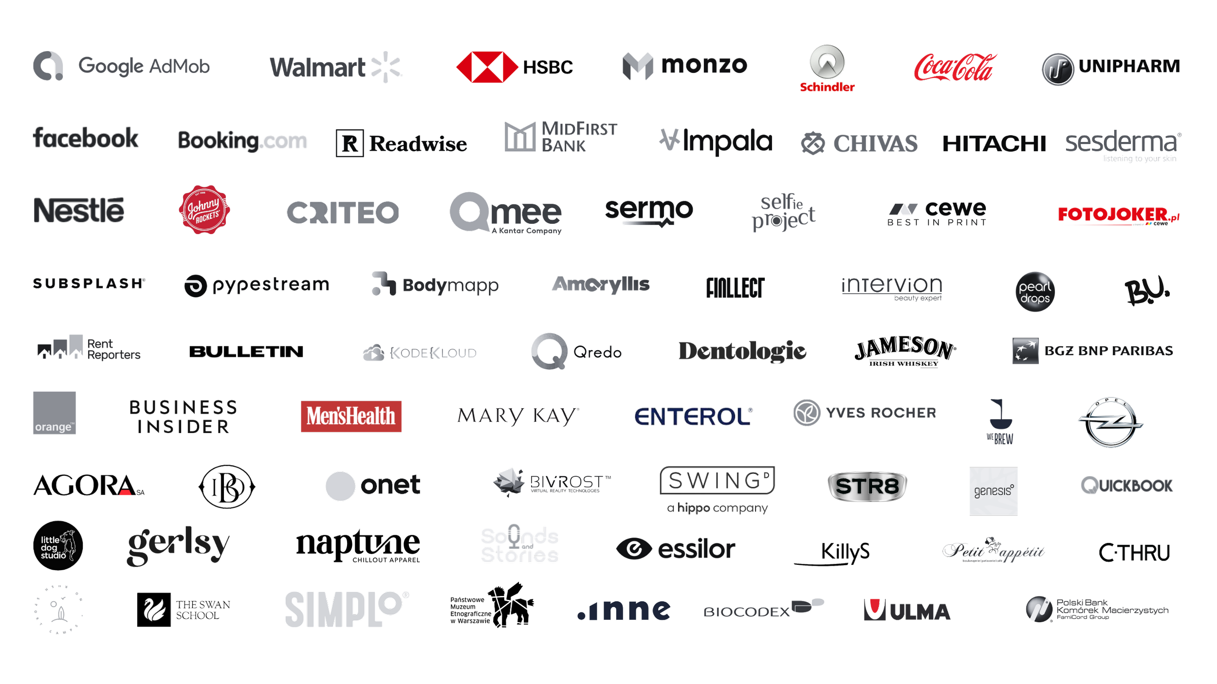 A collage of various company logos arranged in rows, including brands like Google, Walmart, HSBC, Coca-Cola, Facebook, Booking.com, Nestlé, Men’s Health, Opel, and others.