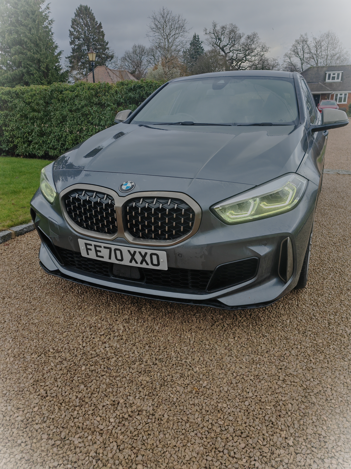 Gray BMW car parked on a gravel driveway with green bushes and trees in the background.