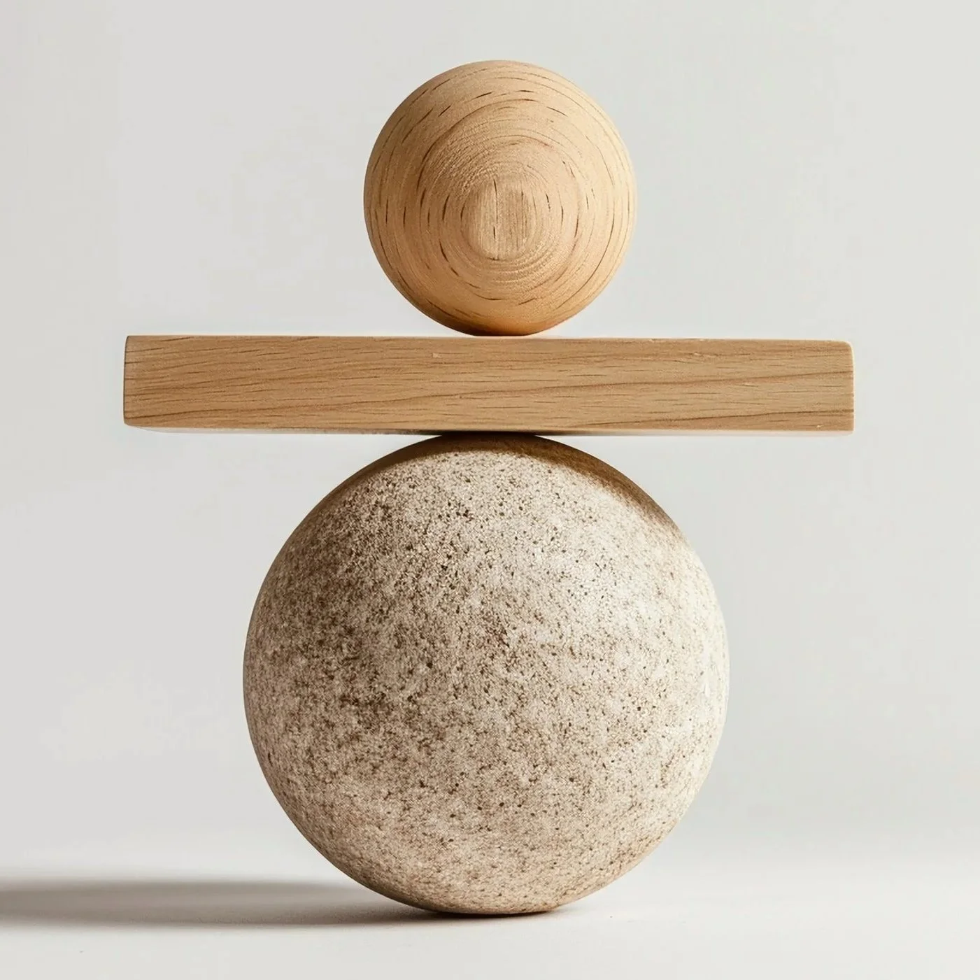 Balancier aus einem großen Stein, einer Holzscheibe, einer Holzstange und einem Holzball