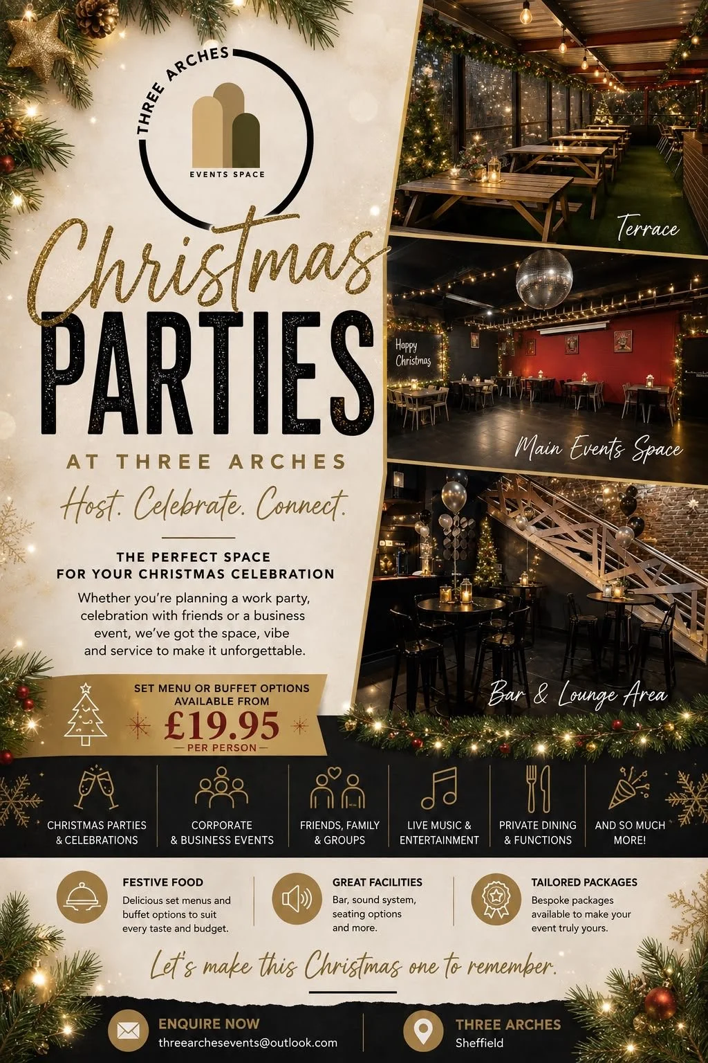Christmas parties at Three Arches private event space in Sheffield with festive dining, entertainment and decorated event spaces