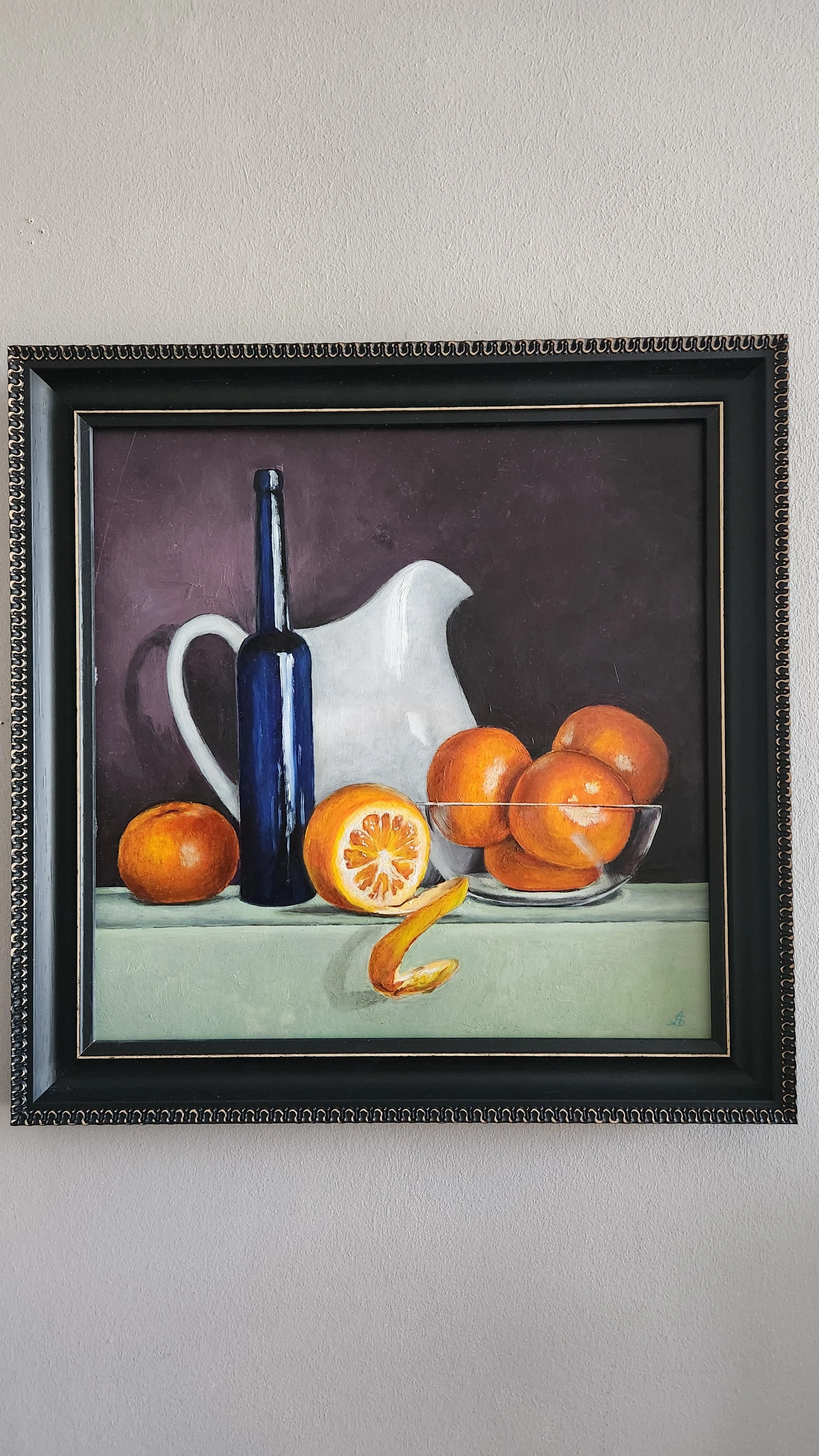 Still life with blue bottle painted on alluminium panel