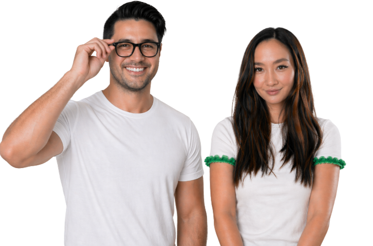 A smiling man wearing glasses and a white t-shirt, standing next to a woman with long dark hair wearing a white t-shirt with green trim, both facing the camera against a black background.