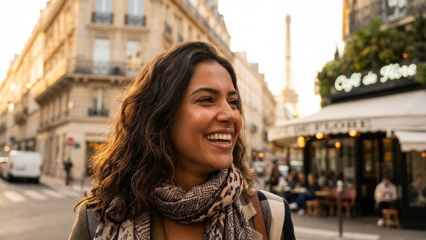 Femme brésilienne, 27 ans, cheveux châtains foncés, sourire éclatant, fond doux, ambiance chaleureuse.