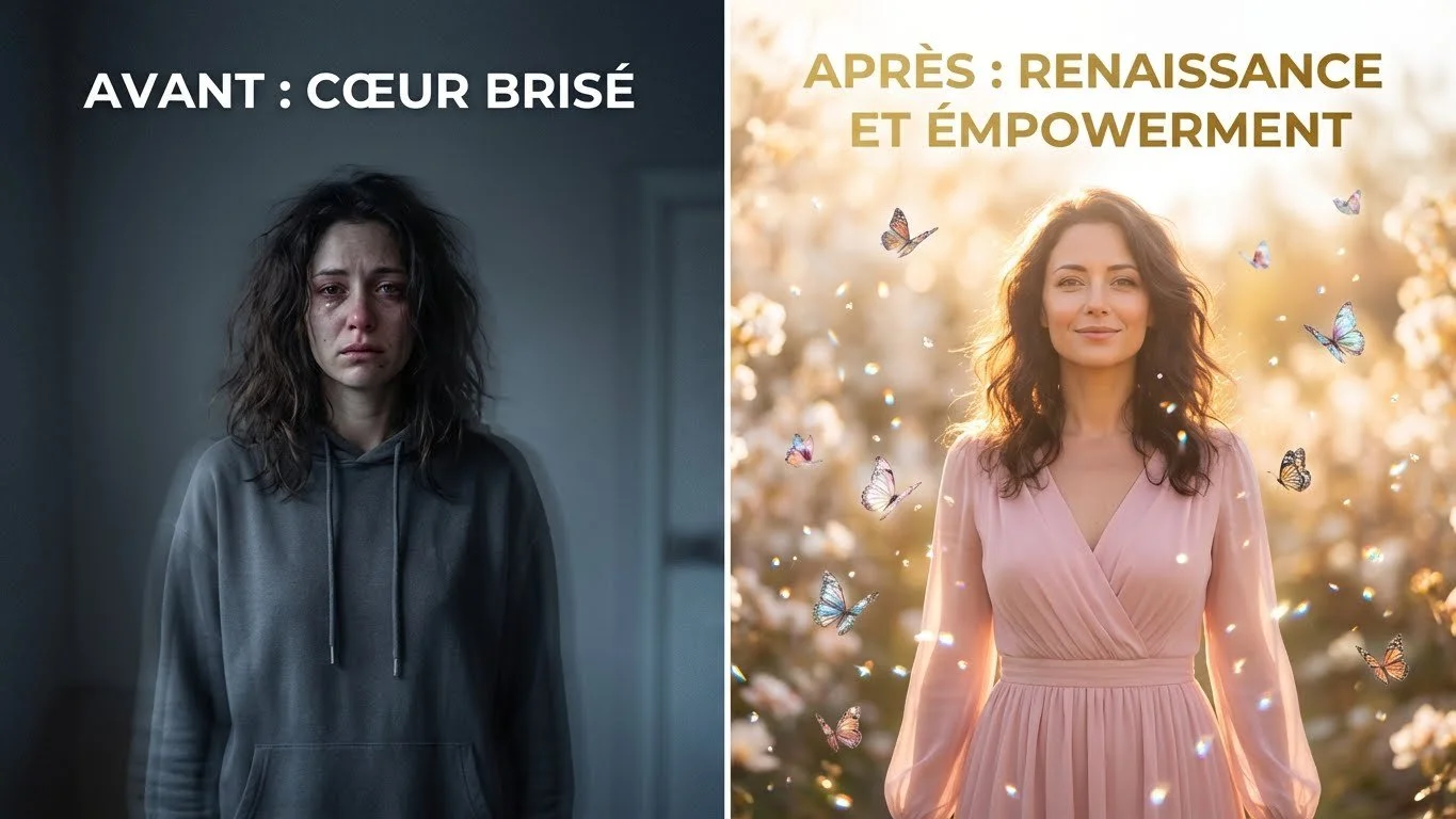 Une femme triste en vêtements décontractés à gauche, et une femme heureuse en robe rose avec des papillons autour à droite.