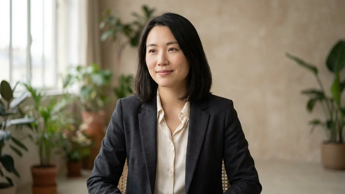 Femme franco-chinoise, 30 ans, cheveux noirs mi-longs, visage serein, lumière naturelle, tenue élégante.