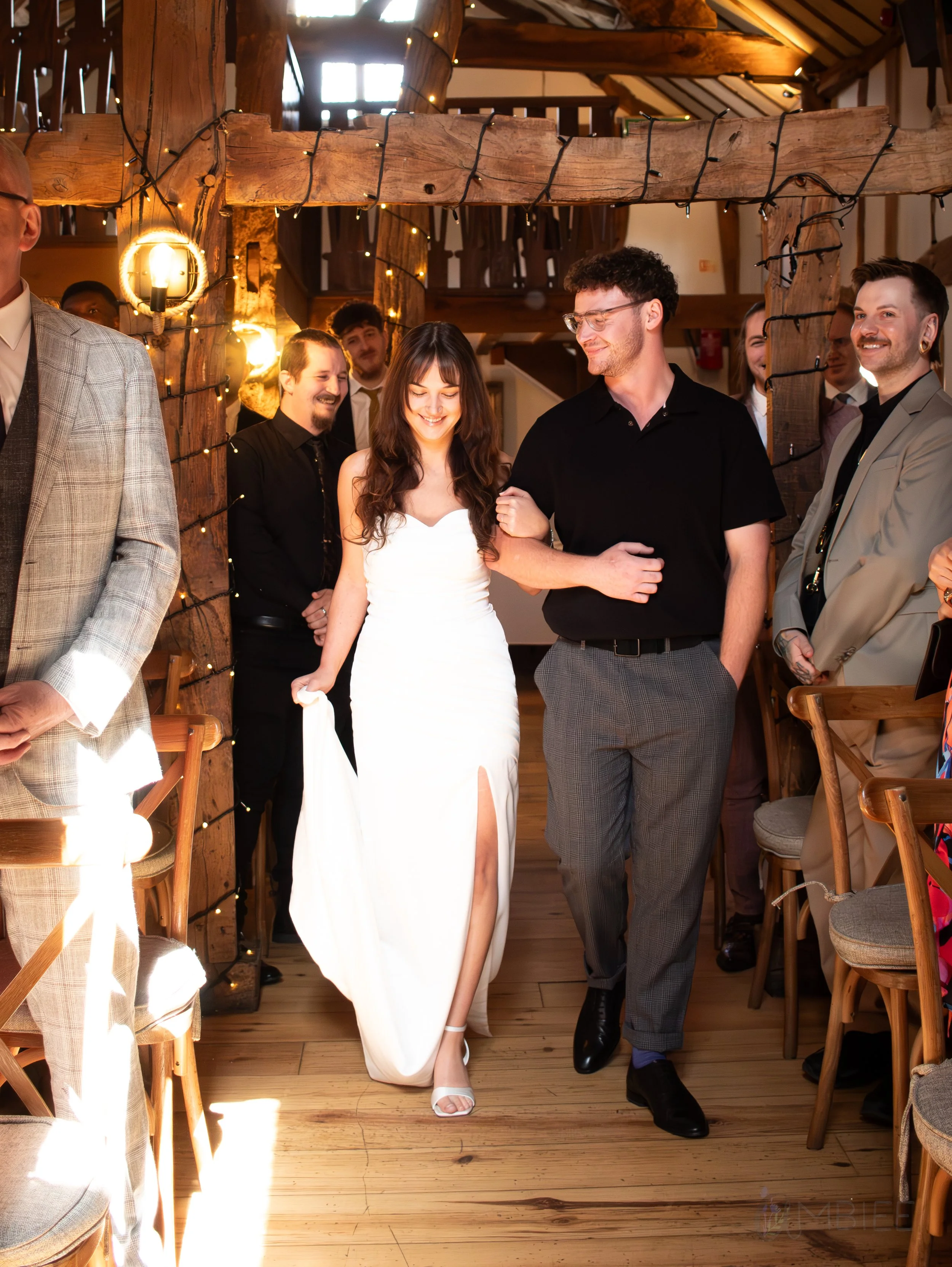 Bride and Brother of the Bride Walking down the aisle at the Plough inn, at Eaton
