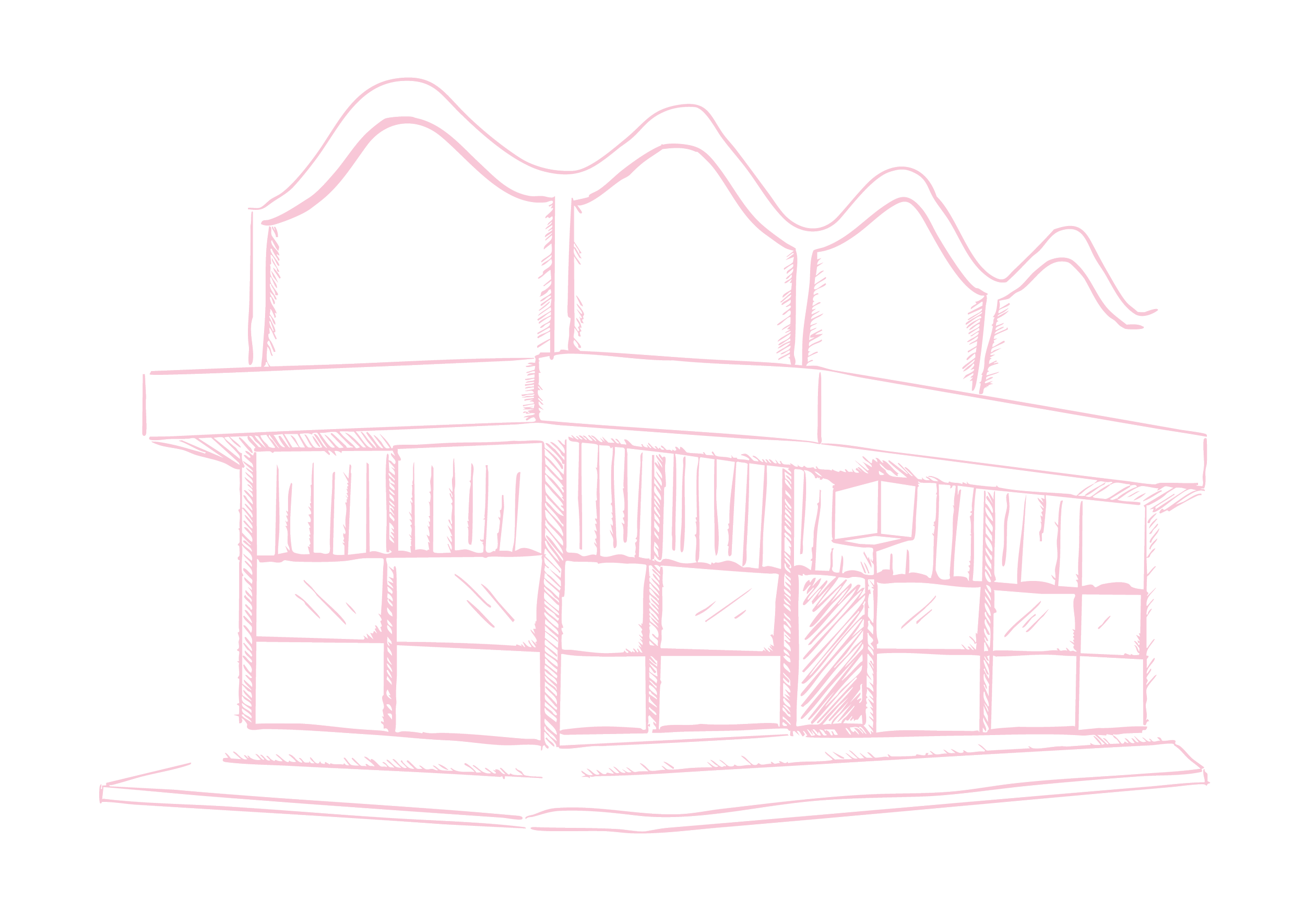 A pink line drawing of a modern multi-story building with a wavy roof on a black background.