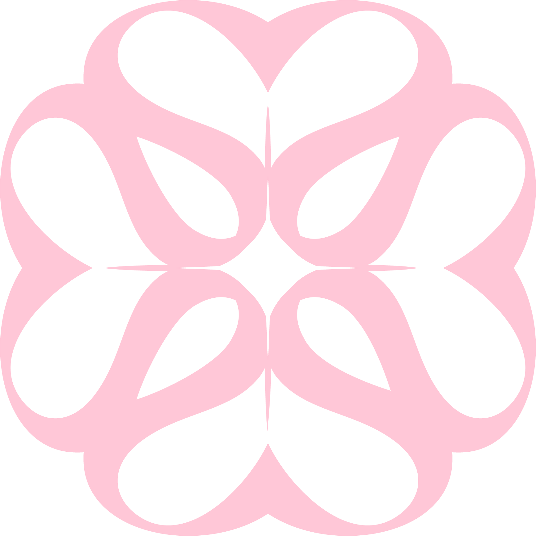 A pink and black symmetrical abstract geometric pattern with petal-like shapes.