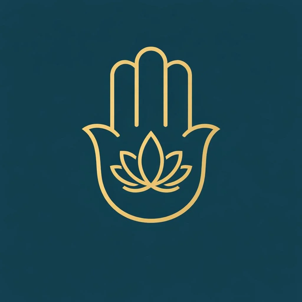 Minimalist illustration of a hand with a lotus flower in the palm, outlined in gold on a dark teal background.