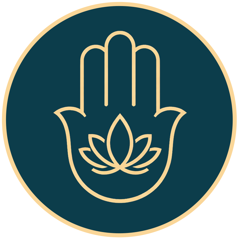A circular emblem featuring a stylized hand with a lotus flower inside.