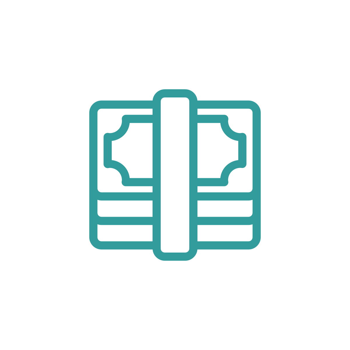 Outline illustration of a stack of cards or photos with a central pin or fastener.
