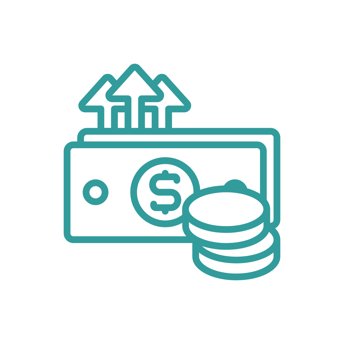 Outline of a dollar bill with a dollar sign, a stack of coins, and upward arrows indicating growth or increase.