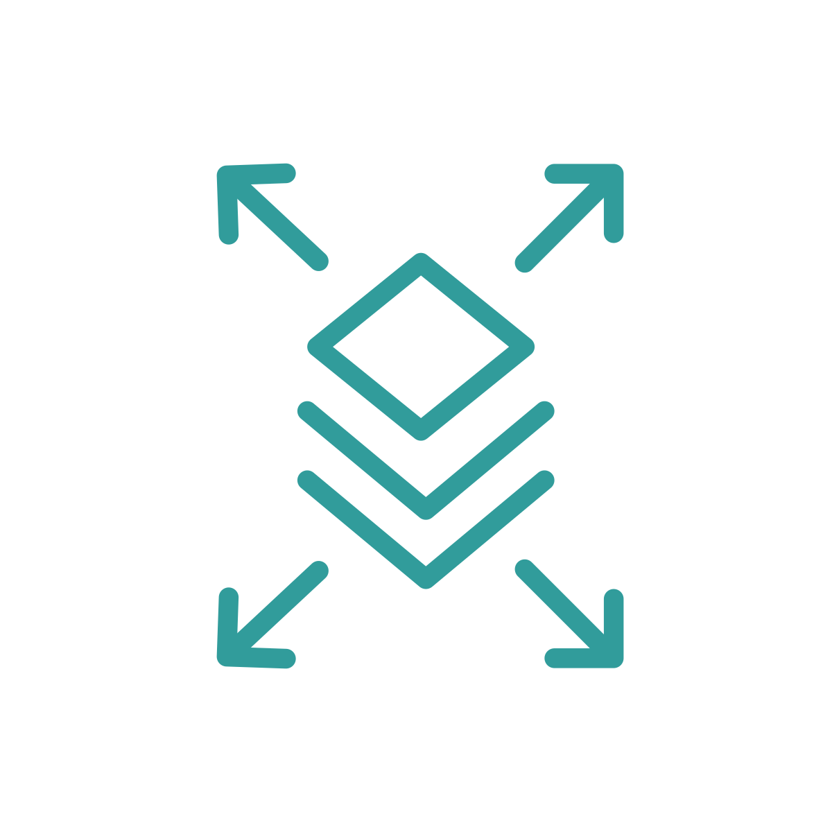 Diagram with four arrows pointing outward from a central diamond shape, with three stacked rectangles below it.