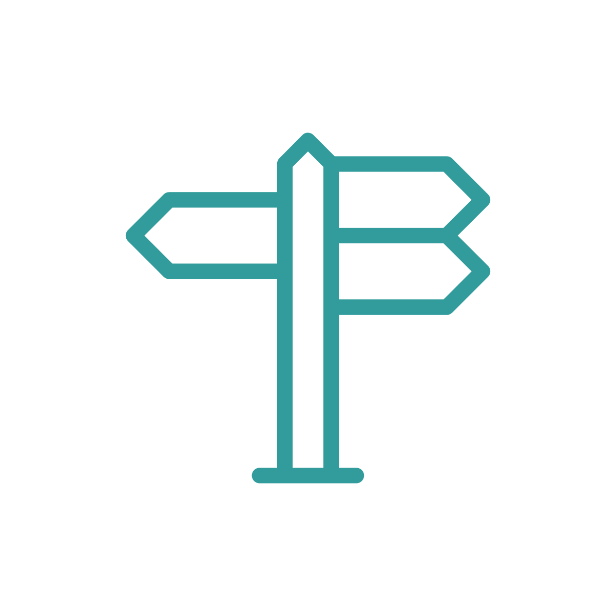 Line drawing of a directional signpost with four arrows pointing in different directions.