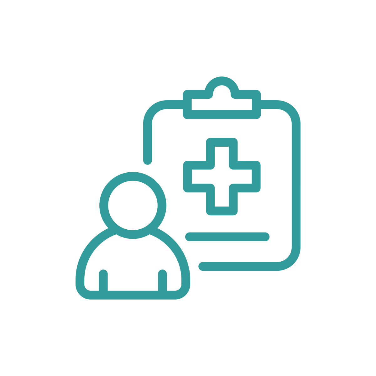 Outline of a person, medical clipboard with a cross, indicating healthcare or medical services.