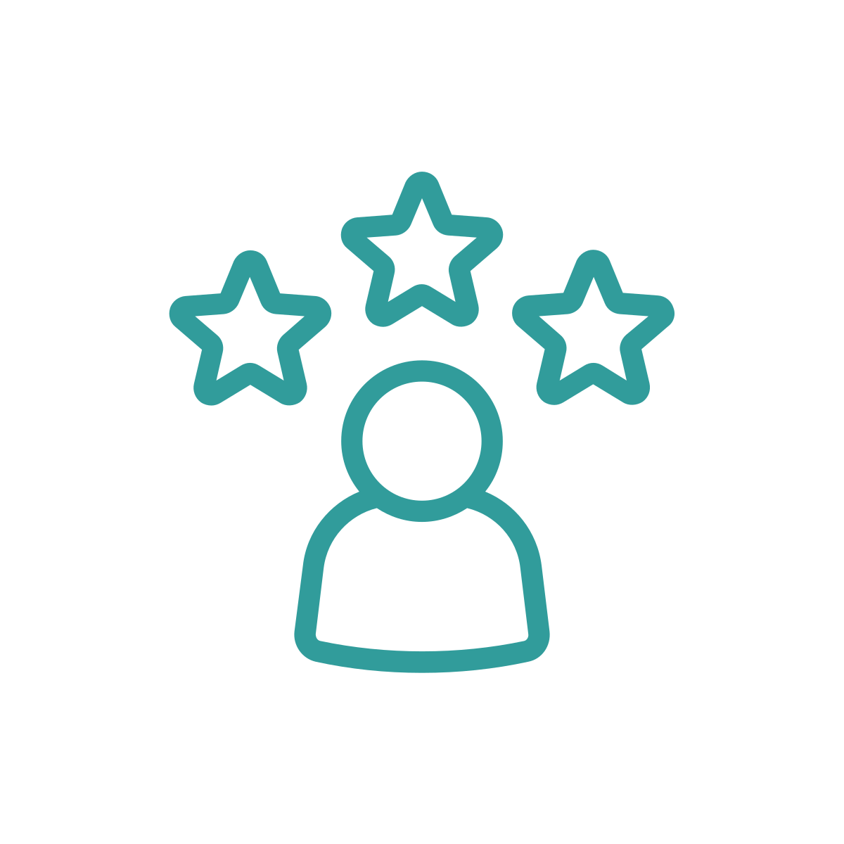Outline drawing of a person with three stars above their head, representing excellence or high rating.