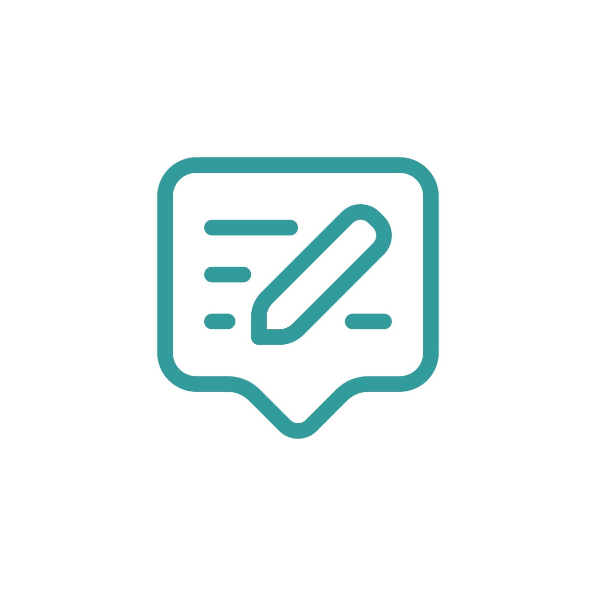 Outline of a speech bubble containing a pencil and lines, representing editing or writing.