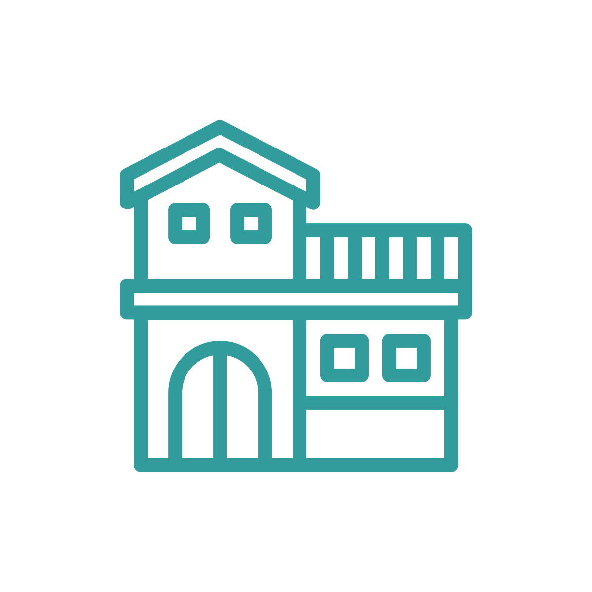 Outline of a house with a large arched doorway, multiple windows, and a balcony with railings.