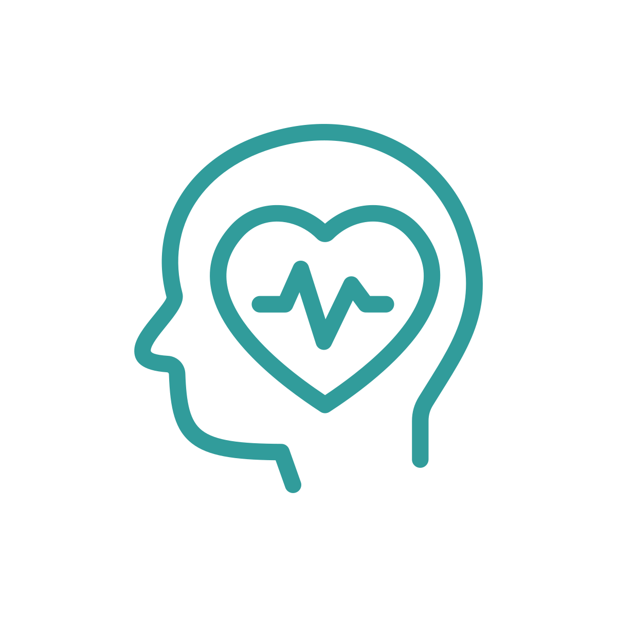 Outline of a human head with a heart and a heartbeat line inside the head.