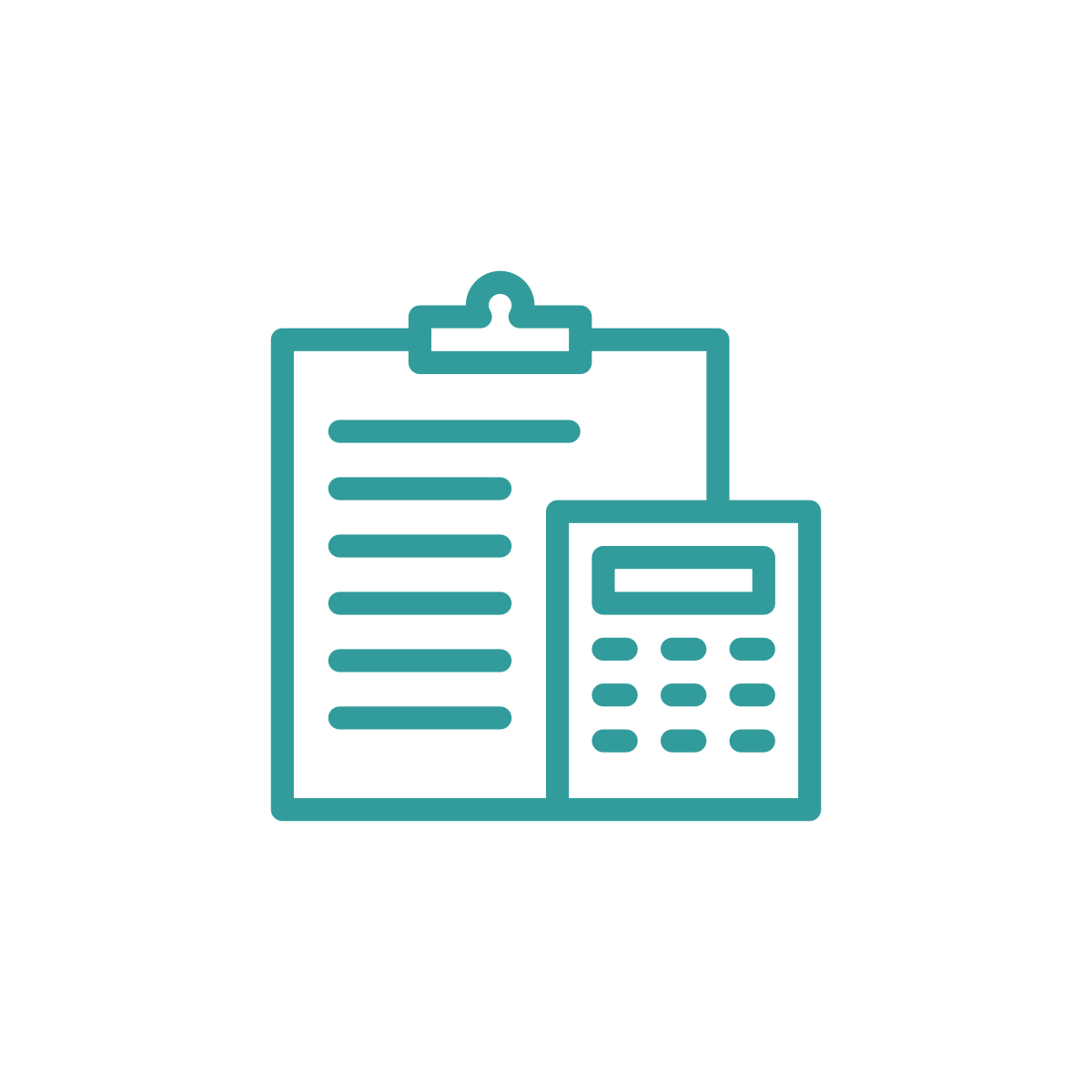 Icon of clipboard with a sheet of paper and a calculator overlapping.