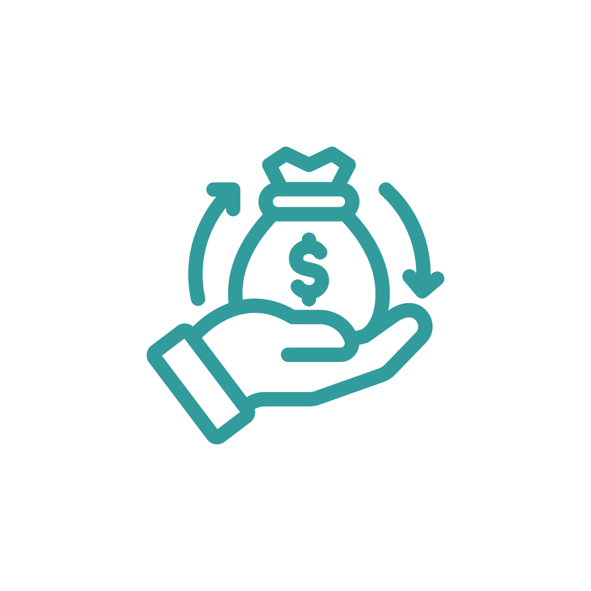 Hand holding a money bag with a dollar sign, surrounded by circular arrows indicating financial circulation or investment.