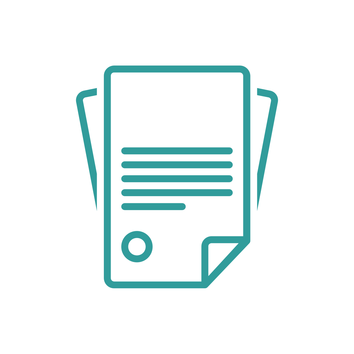 Outline icon of a stack of papers with lines representing text and a circular stamp or seal on the bottom left corner.